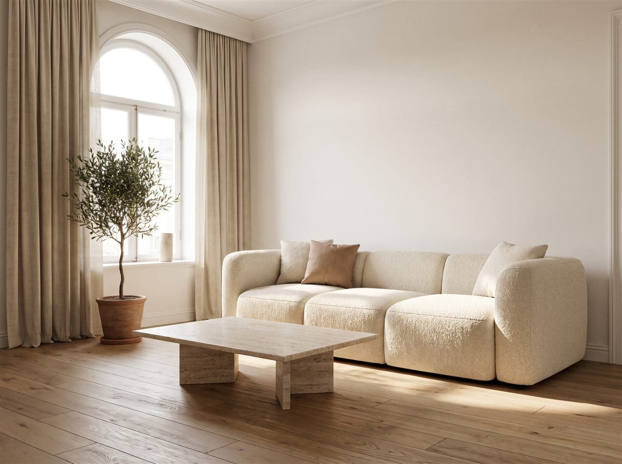 A living-room render with a client's note pinned to the sofa