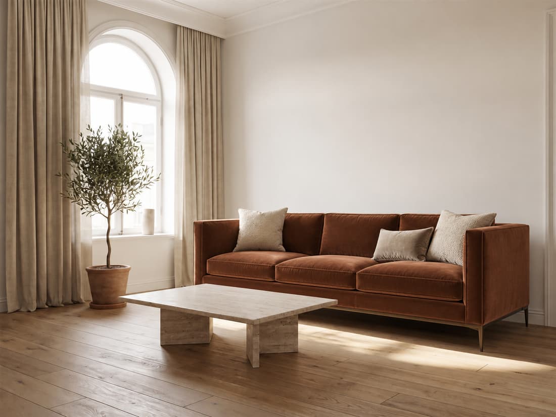 Living room render: sofa, rug and curtains