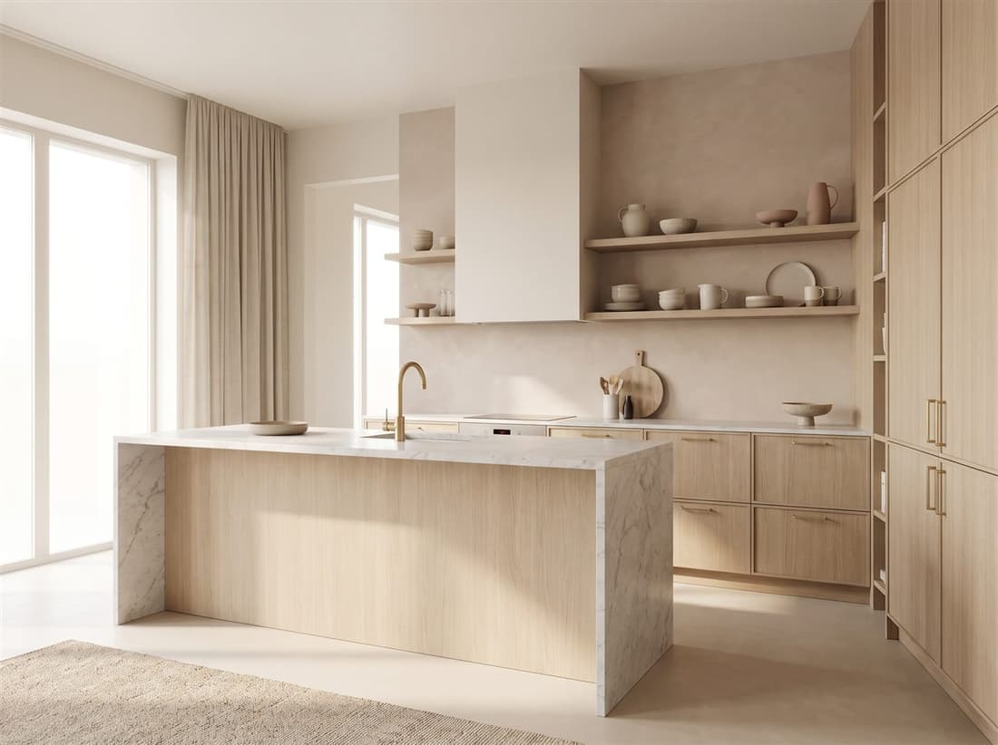 Kitchen render with oak cabinets