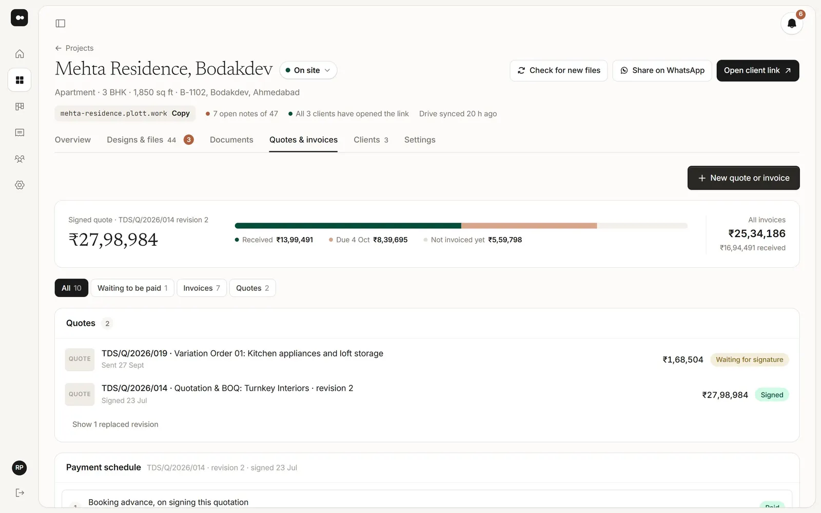 A project's quotes and invoices with amounts received and due