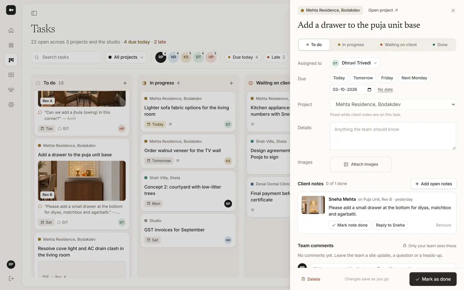 A task with a client note and team comments